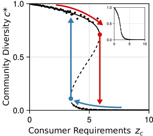 When changing the number of requirements of microbes that have to be met from within the community (e.g. by changing how many metabolites are provided in the growth medium) Tipping points between a high diversity and a low diversity state can occur. 
