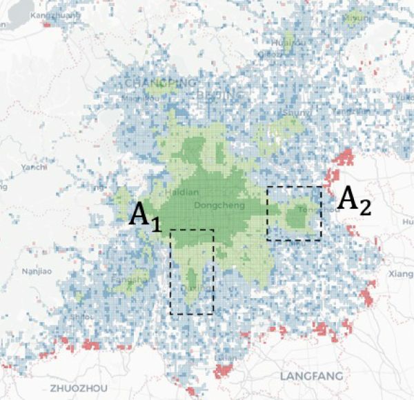 The mobility census approach allows high-resolution (500m scale) near-real-time analysis of the social structure of cities based on mobility data that is produced as a by-product of mobile communication. We use this approach in a longitudinal comparison of Beijing in in 2018 and 2021, using one month of data from each year. This reveals the different layers of the city and shows the maturation of new subcenters as well as the absorbion of other subcenters into the city center.    